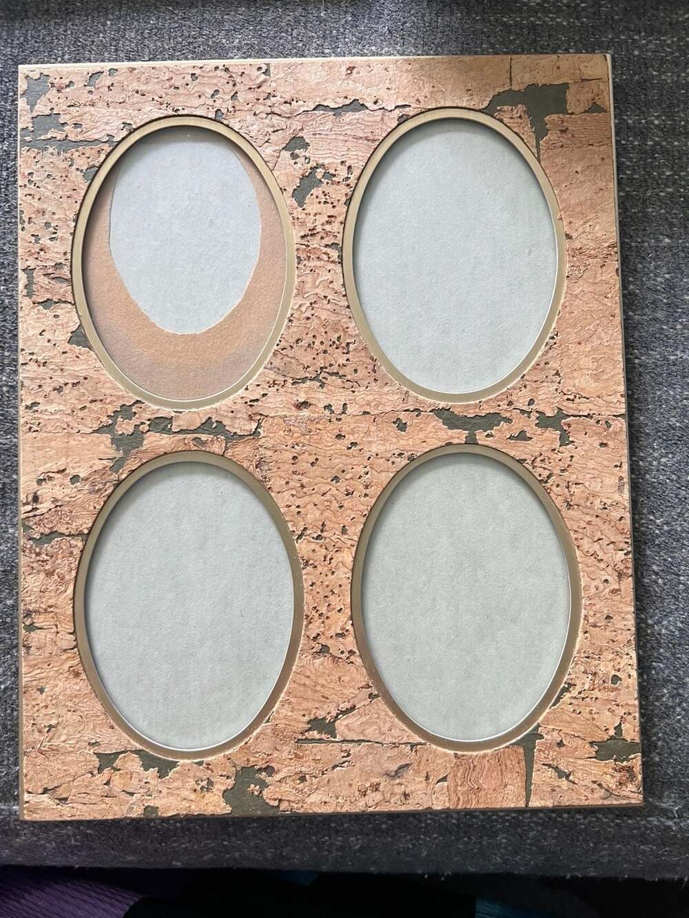 Vintage  Cork and Gold Tone Metal Four 3x4 Oval Photo Frame
